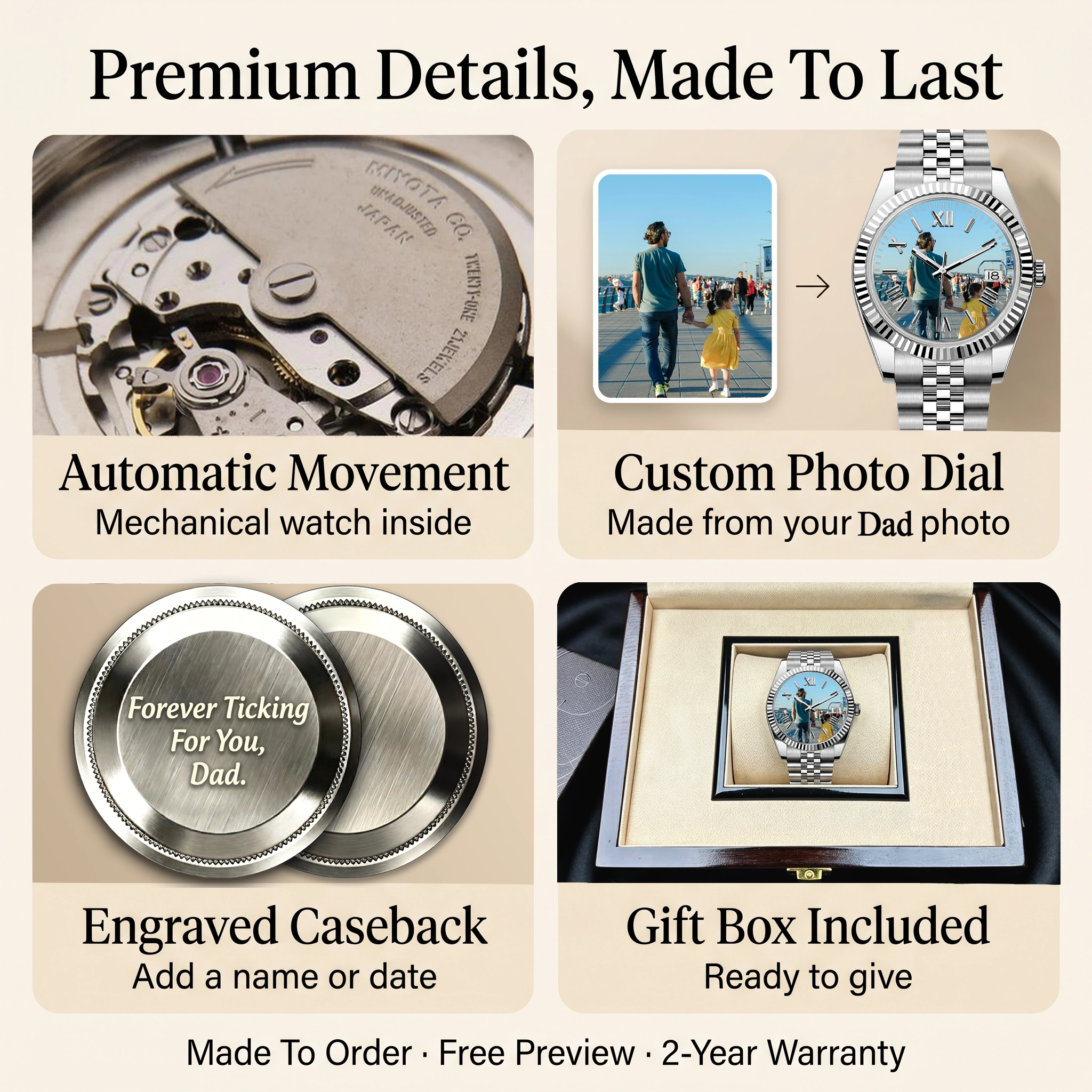 Montre-bracelet automatique personnalisée sur mesure Silver Daykeeper